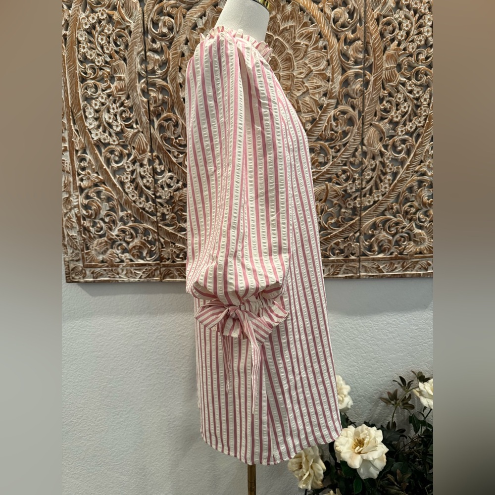 Entro White & Pink Stripe SearSucker Mini Dress, Exaggerated Balloon Sleeves - Picture 6 of 16